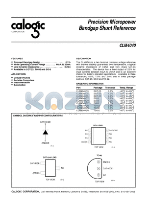 CLM4040EN datasheet - Precision Micropower Bandgap Shunt Reference