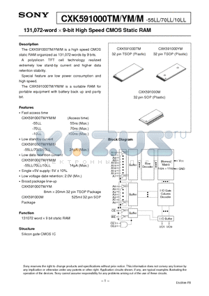 CXK591000TM-55LL datasheet - 131,072-word X 9-bit High Speed CMOS Static RAM