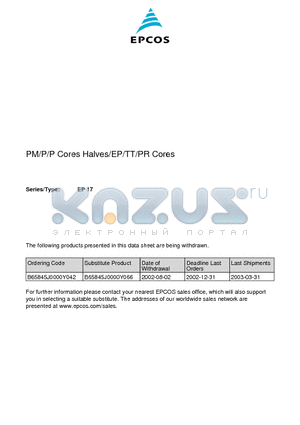 B65845-J-Y42 datasheet - EP 17 For transformers featuring high inductance and low overall height