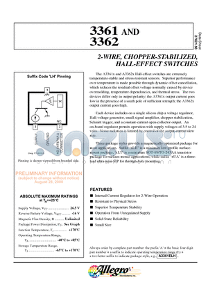 A3362ELH datasheet - 2-WIRE, CHOPPER-STABILIZED, HALL-EFFECT SWITCHES