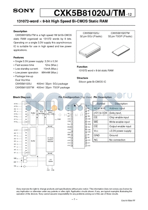 CXK5B81020JM-12 datasheet - 131072-word d 8-bit High Speed Bi-CMOS Static RAM