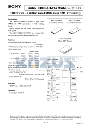 CXK5T81000AM datasheet - 131072-word x 8-bit High Speed CMOS Static RAM