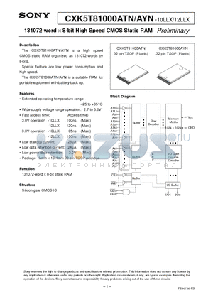 CXK5T81000ATN-10LLX datasheet - 131072-word X 8-bit High Speed CMOS Static RAM