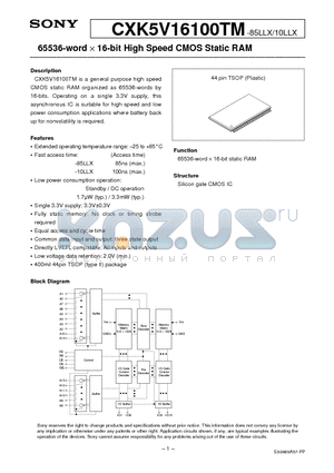 CXK5V16100TM datasheet - 65536-word X 16-bit High Speed CMOS Static RAM