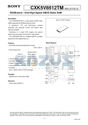 CXK5V8512TM-10LLX datasheet - 65536-word X 8-bit High Speed CMOS Static RAM