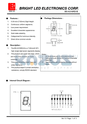 BS-A316RD-B datasheet - 7.62mm(0.30) high single digit seven segments display