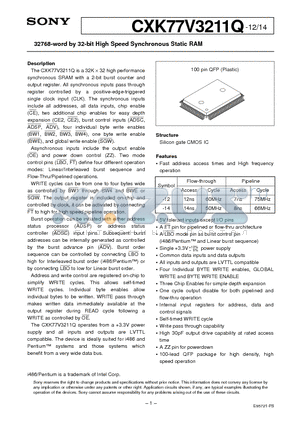 CXK77V3211Q datasheet - 32768-word by 32-bit High Speed Synchronous Static RAM