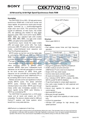 CXK77V3211Q-14 datasheet - 32768-word by 32-bit High Speed Synchronous Static RAM