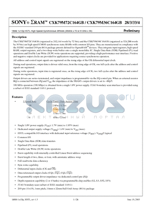 CXK79M36C164GB datasheet - 18Mb 1x1Dp HSTL High Speed Synchronous SRAMs (256Kb x 72 or 512Kb x 36)