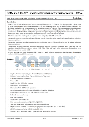 CXK79M72C165GB datasheet - 18Mb 1x1Dp LVCMOS High Speed Synchronous SRAMs (256Kb x 72 or 512Kb x 36)