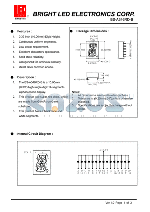 BS-A346RD-B datasheet - 0.39(10.00.MM) high single DIGIT 14-segments alphanumeric DISPLAY