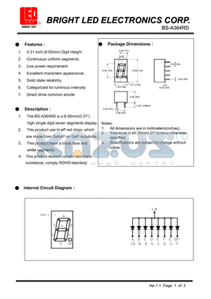 BS-A364RD datasheet - 8.00mm (0.31) high single seven segments display