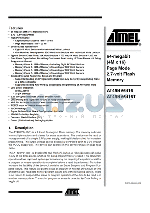 AT49BV6416T-70TI datasheet - 64-megabit (4M x 16) Page Mode 2.7-volt Flash Memory