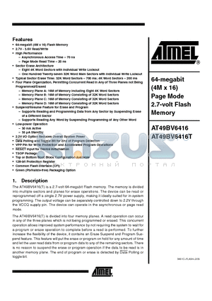AT49BV6416-70TU datasheet - 64-megabit (4M x 16) Page Mode 2.7-volt Flash Memory