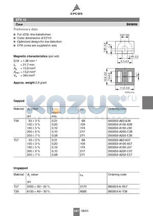 B65859-A200-C38 datasheet - EPX 10 For xDSL-line transformer