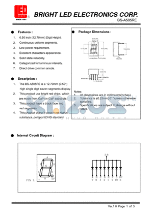 BS-A505RE datasheet - 12.70 (0.50) high single digit seven segments display