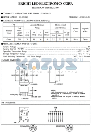 BS-A512RD datasheet - 14.20mm SINGLE DIGIT LED DISPLAY
