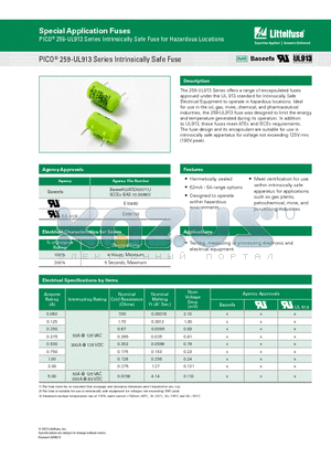 0259.062TX913 datasheet - PICO 259-UL913 Series Intrinsically Safe Fuse for Hazardous Locations