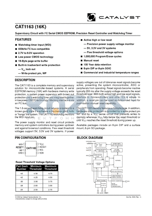 CAT1163J-25TE13 datasheet - Supervisory Circuit with I2C Serial CMOS EEPROM, Precision Reset Controller and Watchdog Timer