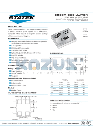 CXO3M datasheet - Low-Profile Miniature Surface-Mount 3.3 V Crystal Oscillator