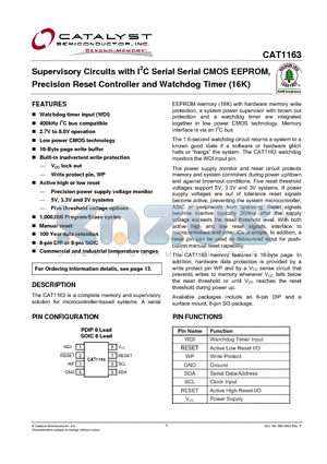 CAT1163LI-42-G datasheet - Supervisory Circuits with I2C Serial Serial CMOS EEPROM, Precision Reset Controller and Watchdog Timer (16K)