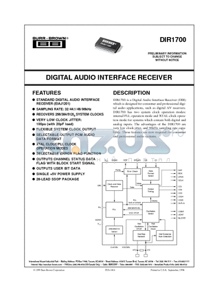 DIR1700E datasheet - DIGITAL AUDIO INTERFACE RECEIVER