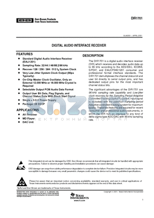 DIR1701 datasheet - DIGITAL AUDIO INTERFACE RECEIVER