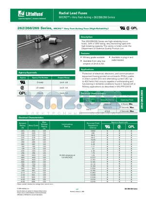 0262003.V datasheet - 262/268/269 Series, MICRO Very Fast-Acting Fuse (High-Reliability)