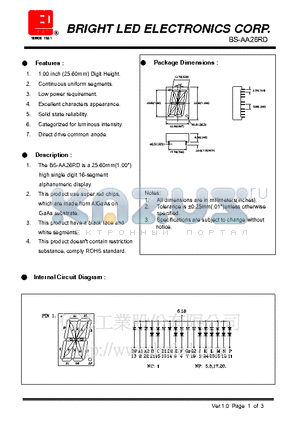 BS-AA26RD datasheet - 25.60mm(1.00) high single digit 16-segment alphanumeric display