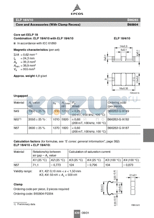 B66283 datasheet - ELP 18/4/10 Core and Accessories (With Clamp Recess)