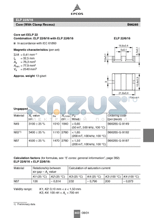 B66285 datasheet - ELP 22/6/16 Core (With Clamp Recess)