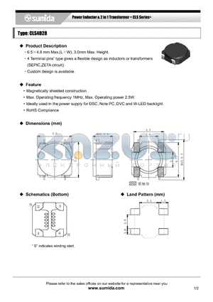 CLS4D28NP-150NC datasheet - Power Inductor & 2 in 1 Transformer < CLS Series>