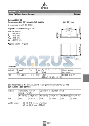 B66293 datasheet - ELP 58/11/38 Core (Without Clamp Recess)