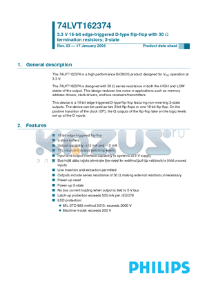 74LVT162374 datasheet - 3.3 V 16-bit edge-triggered D-type flip-flop with 30 OHM termination resistors; 3-state