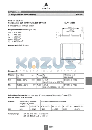 B66295 datasheet - ELP 64/10/50 Core (Without Clamp Recess)