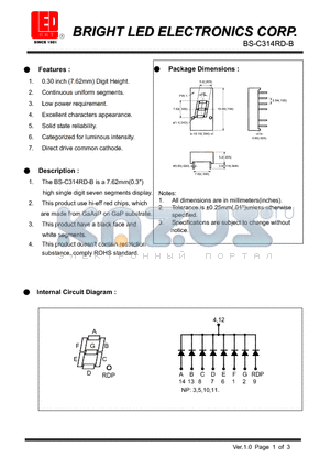 BS-C314RD-B datasheet - 7.62mm(0.3) high single digit seven segments display.