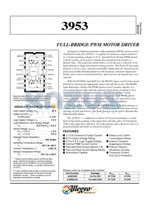A3953 datasheet - FULL-BRIDGE PWM MOTOR DRIVER