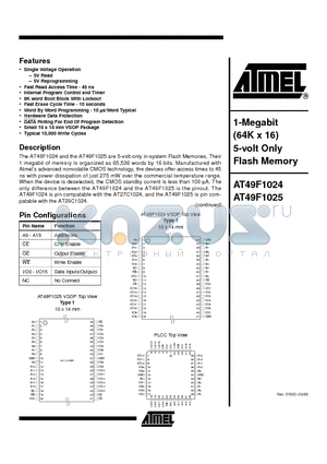 AT49F1025-55VC datasheet - 1-Megabit 64K x 16 5-volt Only Flash Memory