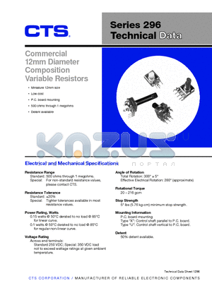 296HA102A3C datasheet - Commercial 12mm Diameter Composition Variable Resistors