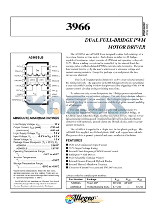 A3966SLB datasheet - DUAL FULL-BRIDGE PWM MOTOR DRIVER