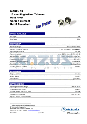 39PLABR100KLF20 datasheet - 15 mm Single-Turn Trimmer Dust Proof Carbon Element RoHS Compliant