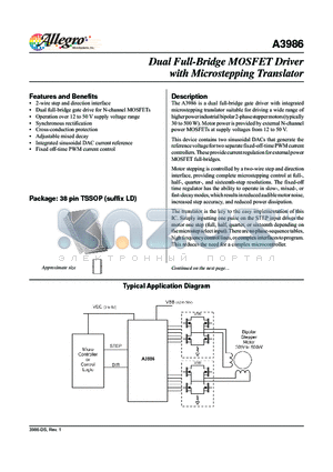 A3986SLDTR-T datasheet - Dual Full-Bridge MOSFET Driver with Microstepping Translator
