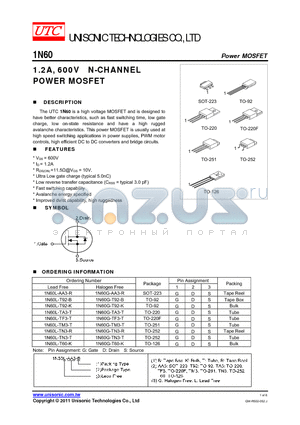 1N60L-T92-B datasheet - 1.2A, 600V N-CHANNEL POWER MOSFET