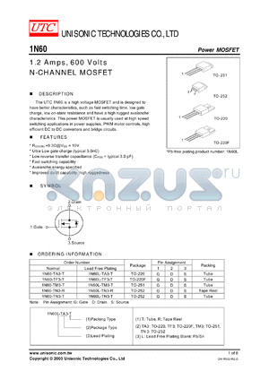 1N60L-TA3-T datasheet - 1.2 Amps, 600 Volts N-CHANNEL MOSFET
