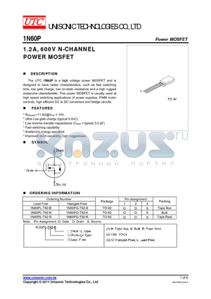 1N60PG-T92-K datasheet - 1.2A, 600V N-CHANNEL POWER MOSFET