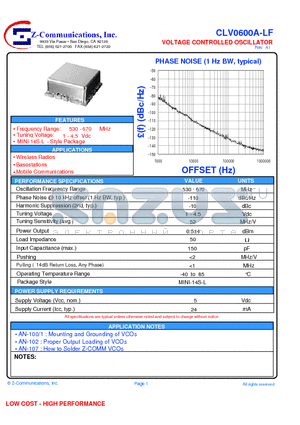 CLV0600A-LF datasheet - VOLTAGE CONTROLLED OSCILLATOR