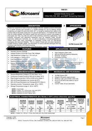 1N6101 datasheet - Isolated Diode Array with HiRel MQ, MX, MV, and MSP Screening Options