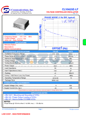 CLV0625E-LF datasheet - VOLTAGE CONTROLLED OSCILLATOR