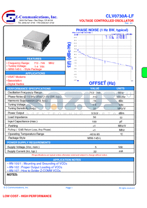 CLV0730A-LF datasheet - VOLTAGE CONTROLLED OSCILLATOR