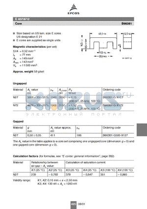 B66381-G-X127 datasheet - E 40/16/12 Core